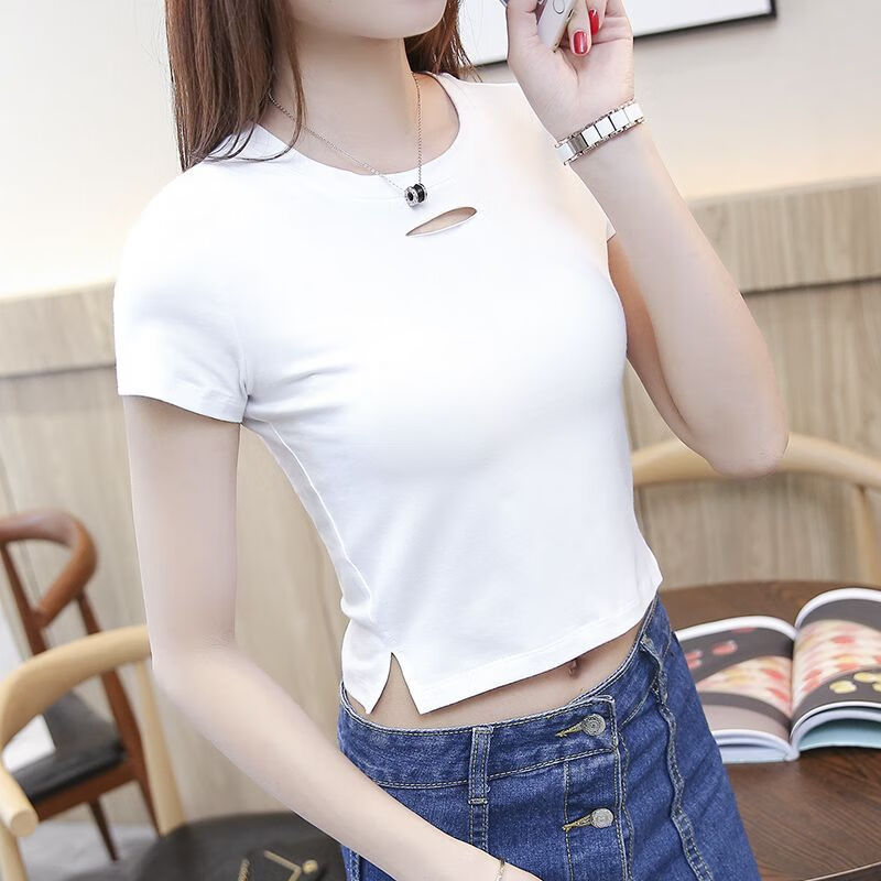 星垂晓雾女生露肚脐紧身上衣漏肚高腰上衣白色t恤女短袖短款露脐破洞