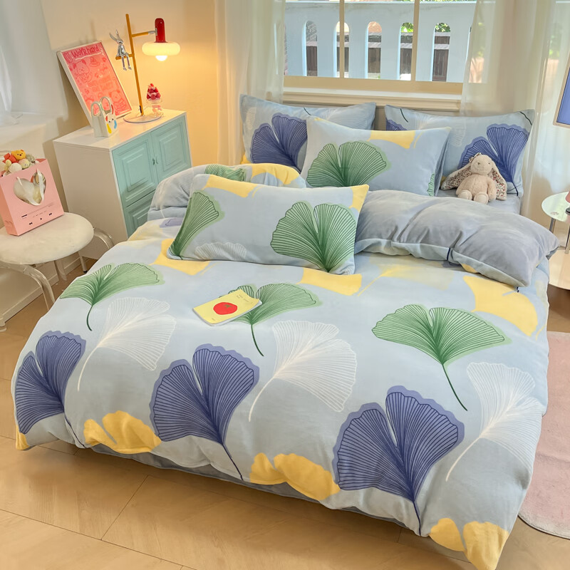 多兰诗（Duolanshi）牛奶绒四件套卡通双面加绒学生宿舍家用床单被套床上用品套件 银杏叶 1.8米 床笠款 被套200*230cm 四件套