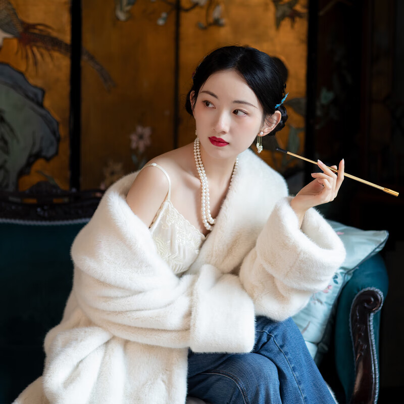 一城風(fēng)絮蒹葭如故丨慵懶標準型保暖仿水貂毛皮草大衣女長外套 米白色【大衣】 S