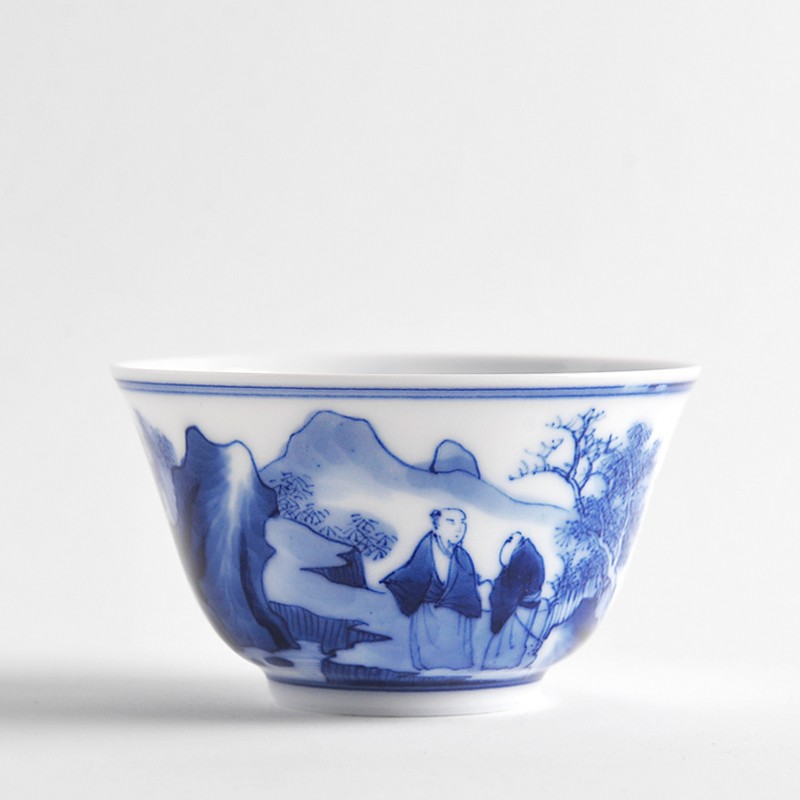 憬莀茶具快雪时晴手绘青花康熙山水大撇口杯茶杯品茗杯主个人饮杯功夫