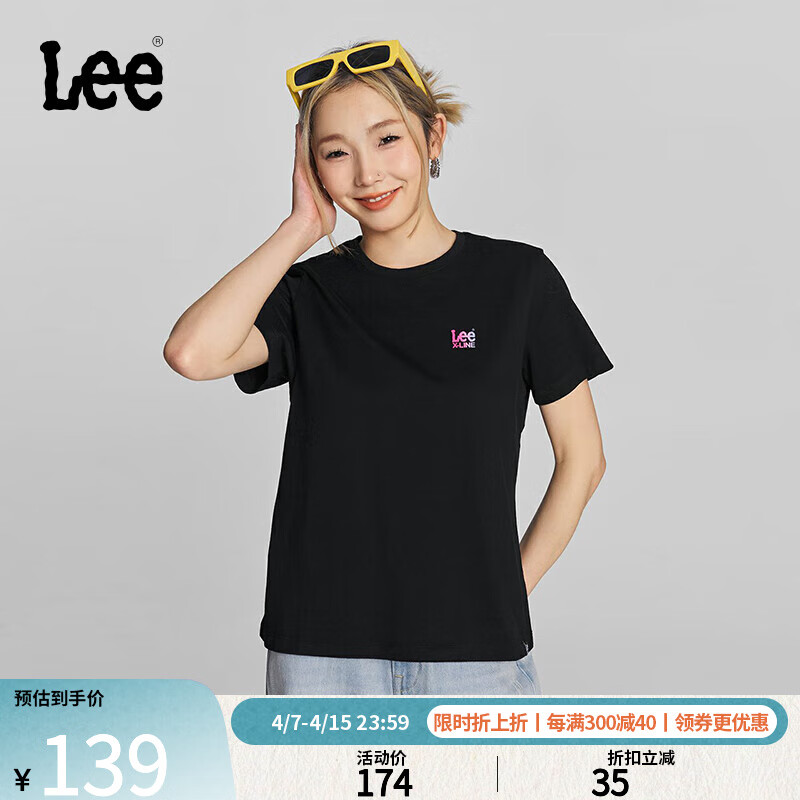 Lee24春夏新品标准版圆领渐变Logo印花女短袖T恤休闲LWT0082294LE 黑色 L