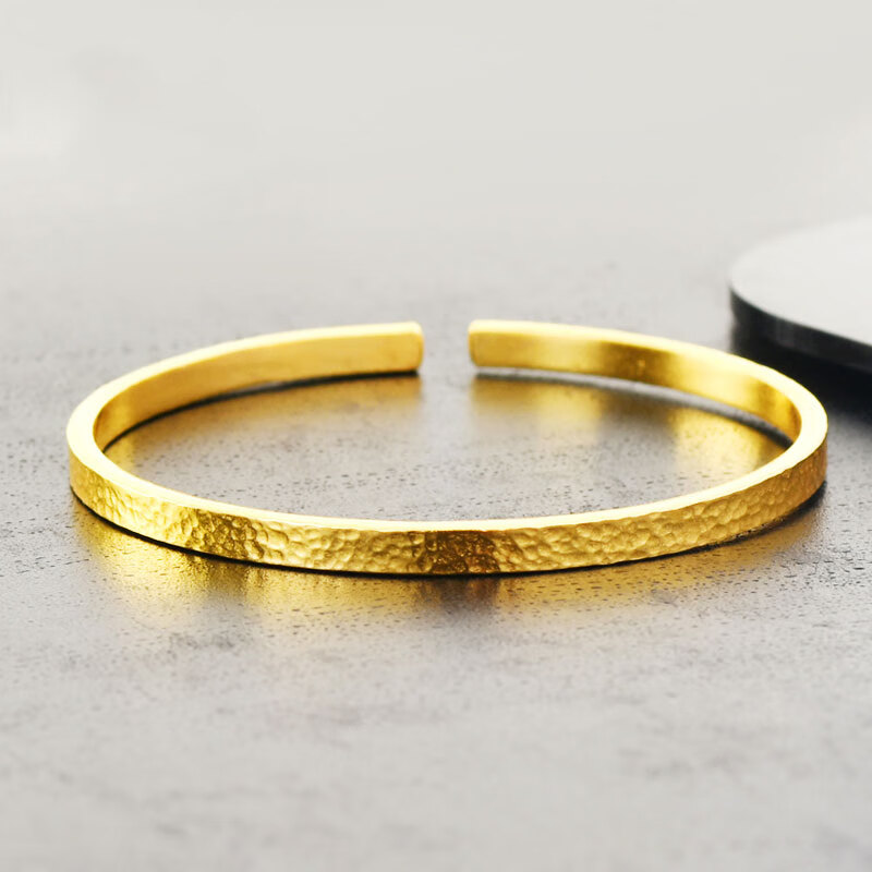匠蕴黄金手镯男女足金999锤纹实心方形简约平板开口可调节定制款 面宽