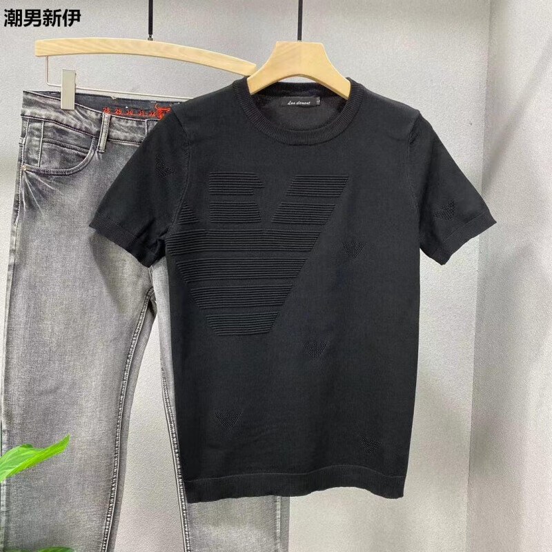 LUO ELEMENT短袖针织衫男圆领纯色打底薄款线衣青年修身套头韩版休闲半袖毛衣 黑色_6802 M