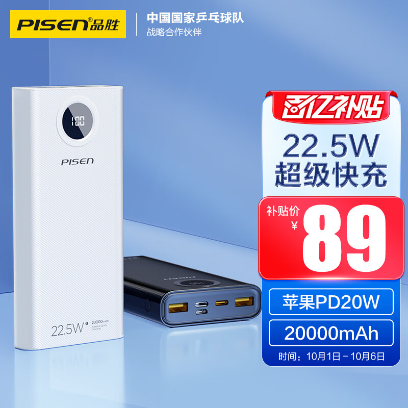 品胜 22.5W超级快充20000mAh双向快充电宝便携大容量PD20W移动电源三入三出Type-C适用苹果15/14小米华为手机属于什么档次？