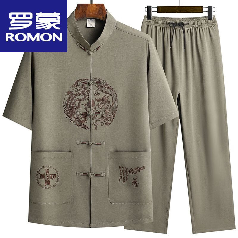 羅蒙（ROMON）2024高檔男士唐裝男短袖中老年人爺爺棉麻衣服夏中國風爸爸裝商務 龍鳳 豆綠色【套裝】 XXS 42/180 【建議150-170斤】
