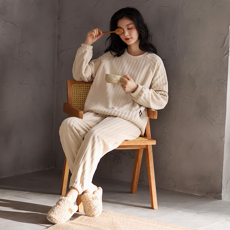 洁丽雅2024新款超软糯高品质绒绒睡衣家居服女秋冬加厚珊瑚绒套装可外穿 女款 M 女码