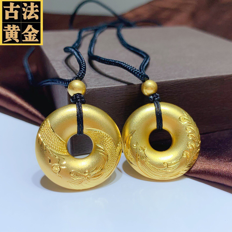 小腰金 古法金平安扣吊坠情侣款一对黄金龙凤金坠子挂绳女高档999足金