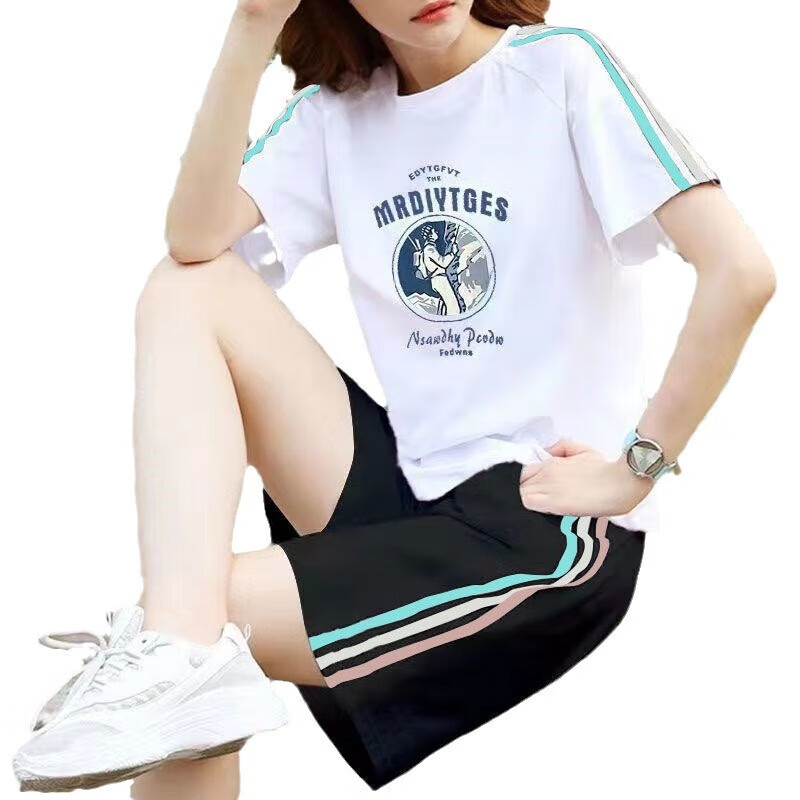 邦菲尔纯棉休闲运动服套装女夏季新款大码宽松学生短袖短裤两件套潮 单件白色三色上衣字母 4XL 建议160-180斤