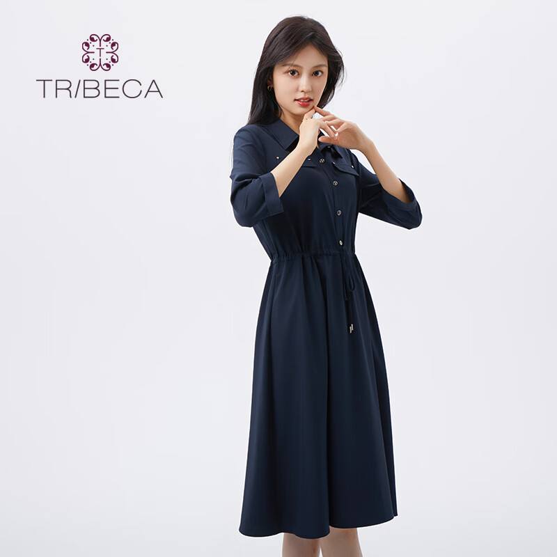 翠贝卡春季新款气质减龄七分袖女连衣裙 黑蓝 160