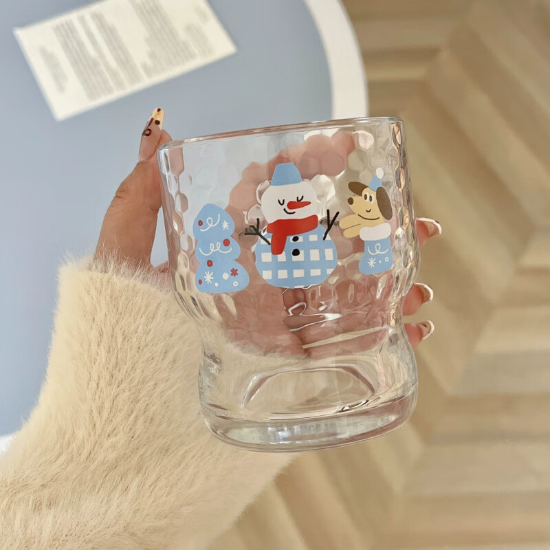 韓式雪人小狗玻璃杯高顏值咖啡杯子果汁杯早餐杯子創(chuàng)意圣誕節(jié)禮物 雪人小狗錘紋玻璃杯-1只- 300ml 2024圣誕新款