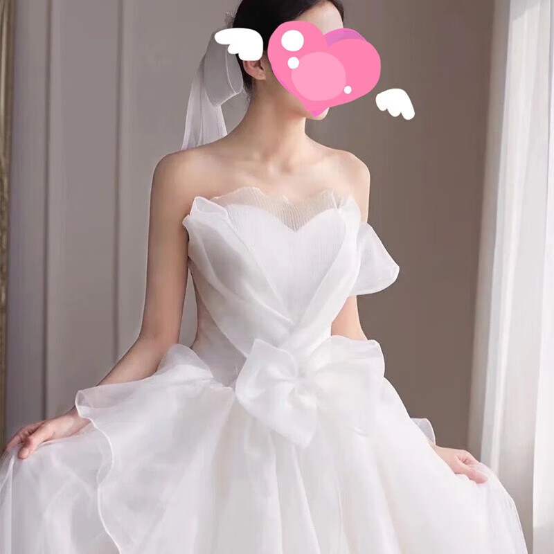 舒凯乐主婚纱轻婚纱新娘结婚简约质感拖尾夏季齐地主抹胸婚纱 白色齐