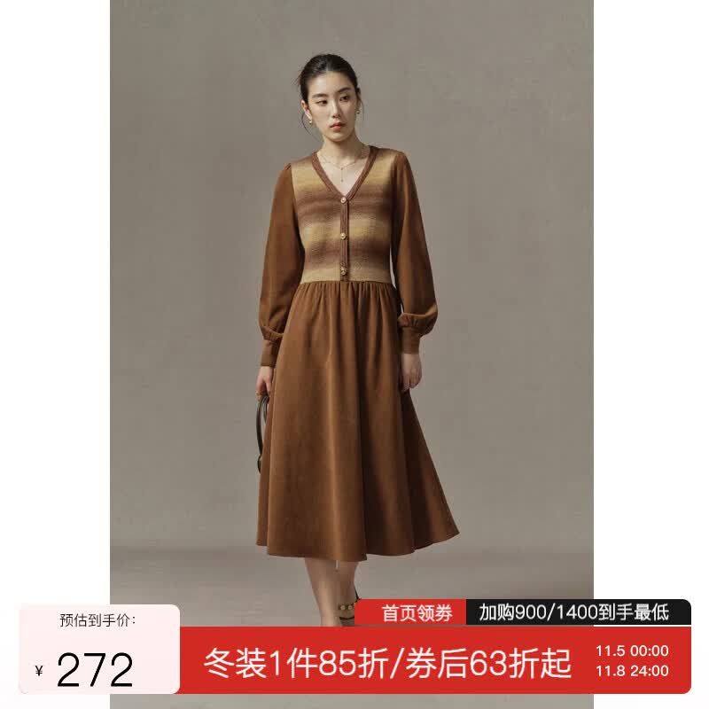 独束大码女装美拉德条纹针梭拼接连衣裙女冬新款微胖mmV领打底裙 栗子棕 XL使用感如何?