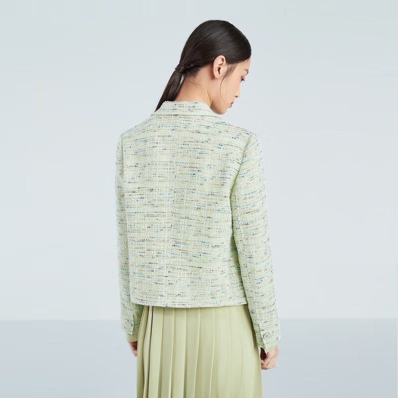 OVV2023春夏新款女装经典粗花呢时尚花纱短款西服外套 浅绿花纹01 M