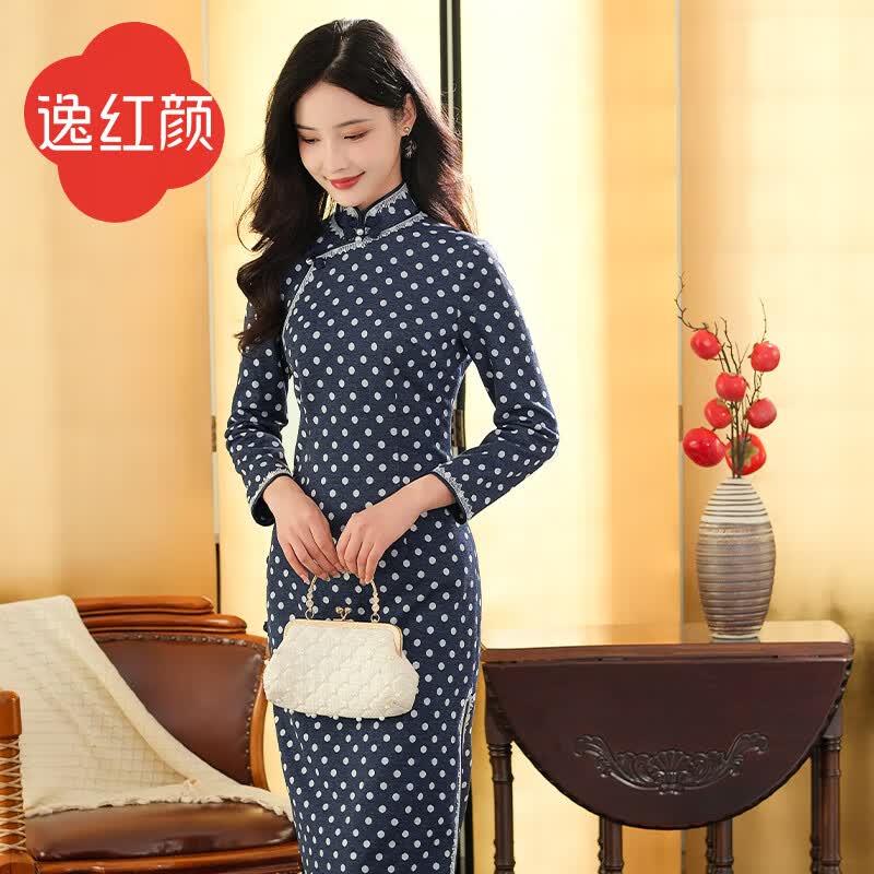 逸紅顔（E.Beauty）逸红颜千语2023秋冬新款弹力针织波点暖感改良旗袍中式打底连衣裙 藏青色 XL怎么样,好用不?