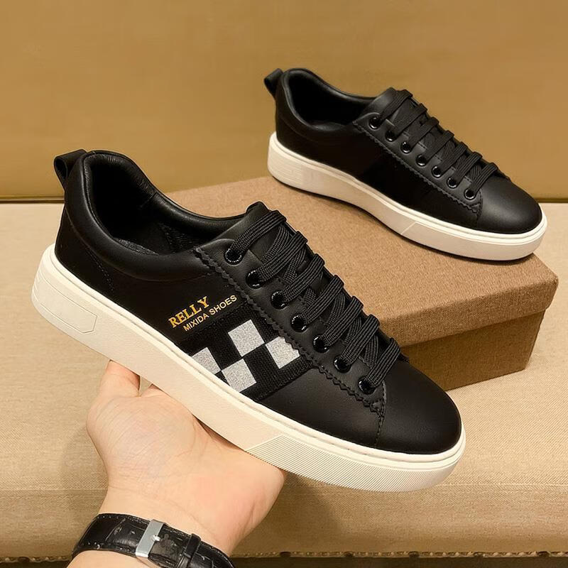 法式高端格子印花板鞋男2022年新款感黑色潮牌低帮男鞋 黑色 38