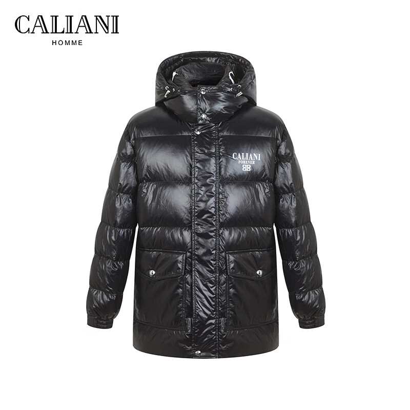 卡里亚尼轻奢男装百搭连帽鸭绒羽绒服男中长款秋冬羽绒外套加厚保暖 黑色 46(165/84A)