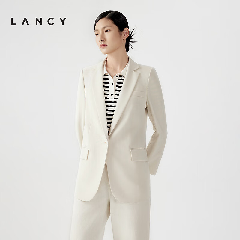 朗姿/LANCY2024夏季新款女士简约职业通勤收腰西装外套正肩高级感 浅米色 M