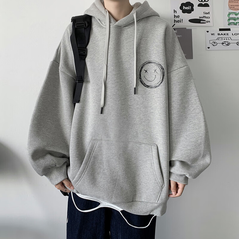 测龙笑脸印花连帽卫衣男宽松春秋新款潮牌潮流加绒加厚外套bf休闲上衣 花灰色 XL 140-160斤可穿怎么看?