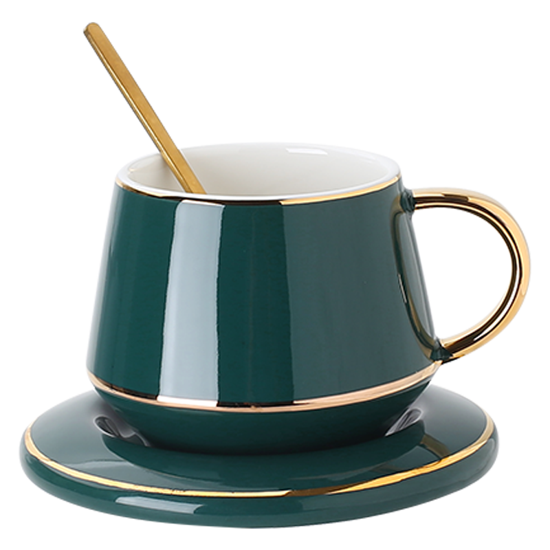 古莜 咖啡杯欧式咖啡杯套装茶具陶瓷杯子水杯金边杯碟创意办公室家用 绿杯（含杯垫+勺）