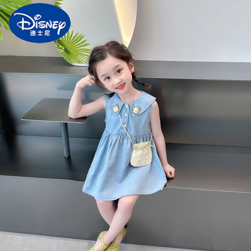 迪士尼（Disney）女童牛仔连衣裙夏季2024新款洋气时髦儿童夏装裙子宝宝背心公主裙 菠萝牛仔连衣裙 90