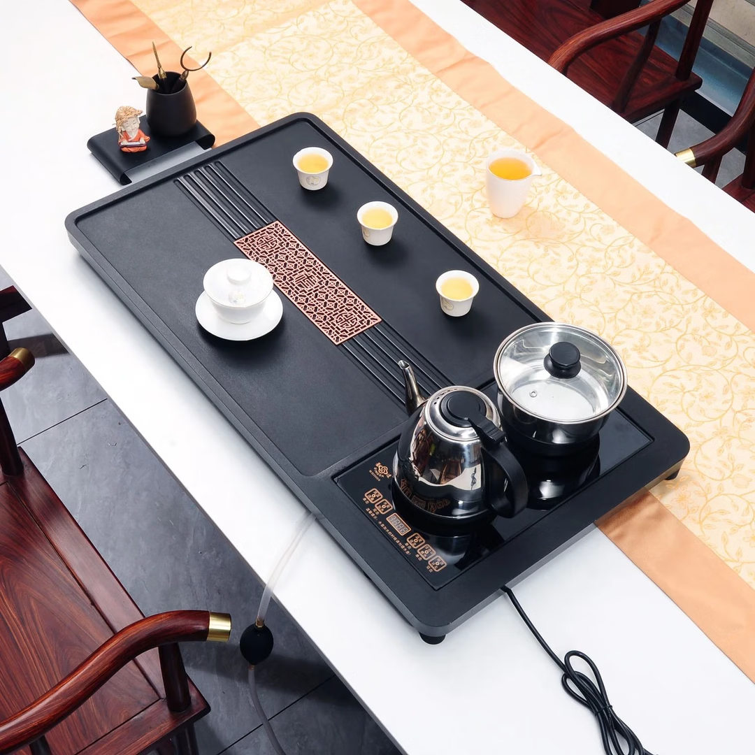 合成乌金石茶盘套装全自动上水一体石茶盘整套办公家用茶台茶盘 (一体式)85*45长窗花+玻璃电炉
