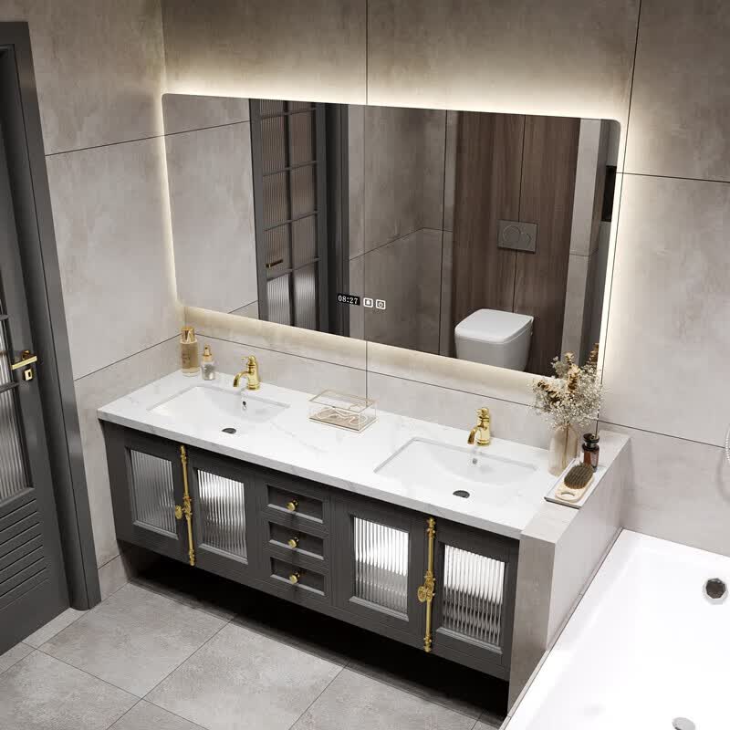 美式岩板双盆浴室柜组合实木洗脸盆柜洗手盆卫生间洗漱台盆卫浴柜 70