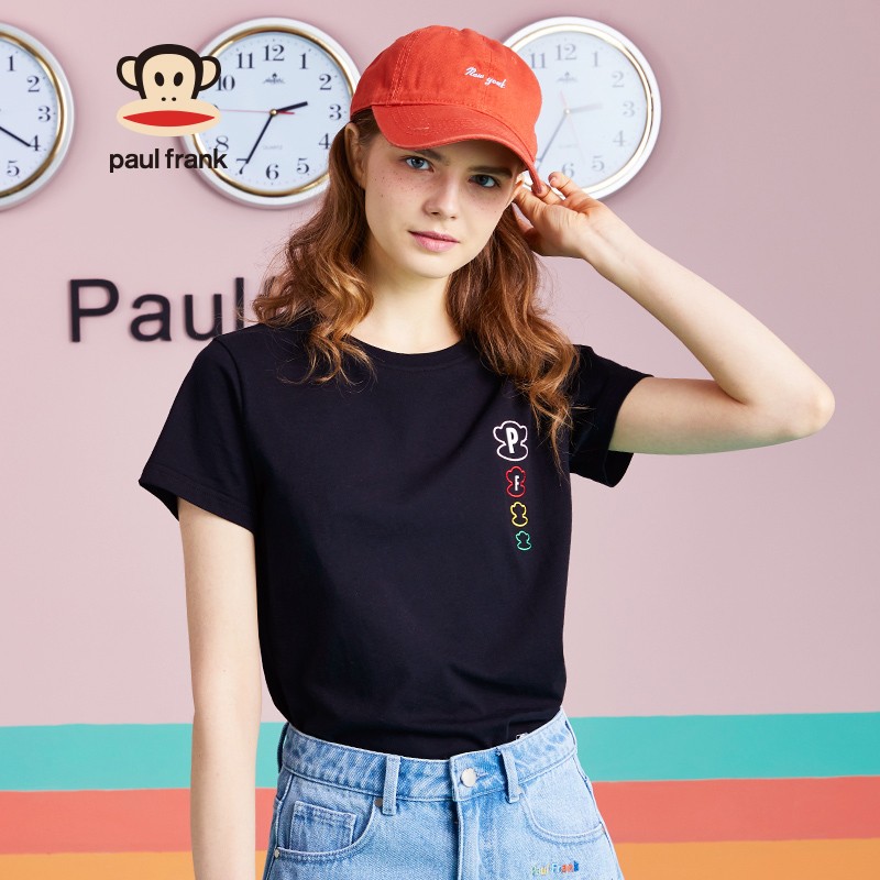 Paul Frank/大嘴猴 夏季T恤女时尚简约刺绣ins风潮流上衣 PFCTE212824W 黑色 L