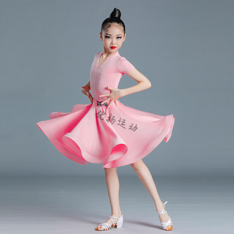 欲动儿童拉丁舞考级服女童舞蹈练功服比赛服规定演出服拉丁舞裙表演 粉色短袖 140cm