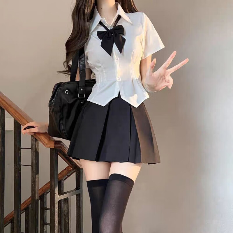 雷黛茜甜辣妹JK制服套装女款夏季小个子学院风修身收腰短袖衬衫百褶短裙 套装白衬衫+黑色领结+黑百褶裙A XS