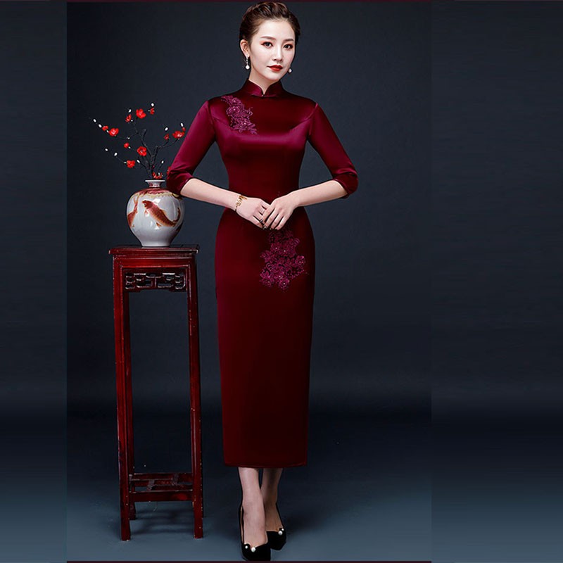 玫芙娜旗袍女中国风高端绣花妈妈旗袍春秋冬款婚宴改良旗袍高贵优雅礼服 酒红色 XXXL属于什么档次？
