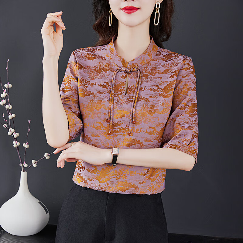 隐形都市新中式五分袖潮流T恤女2025新款夏款短袖印花大码复古中年上衣 绿色 5XL 135-145斤
