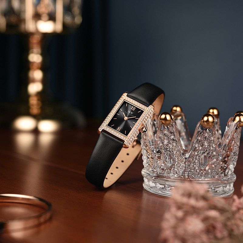 爱沃驰瑞士达芬奇系列经典校园风石英手表女士表七夕生日礼物送女友 玫金壳黑面|黑皮带