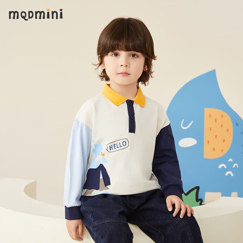 MQDMINI童装儿童T恤男童POLO衫女童长袖上衣撞色翻领T恤宝宝衣服春秋 小王子POLO深蓝 120怎么看?
