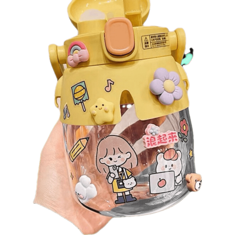 玻璃大肚杯网红水杯耐热玻璃耐高温透明女生高颜值夏天可爱大容量便携杯子 800ml黄色+贴纸+4颗立体贴