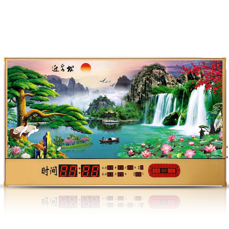 Canovoe动态流水万年历数码电子钟客厅挂钟钟表LED数码信息历夜光温度时钟 迎客松 79*42CM