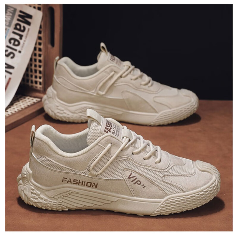 玺橙英伦班纳男鞋飞行员休闲鞋凉爽冰感运动鞋男士增高网面鞋子 米色