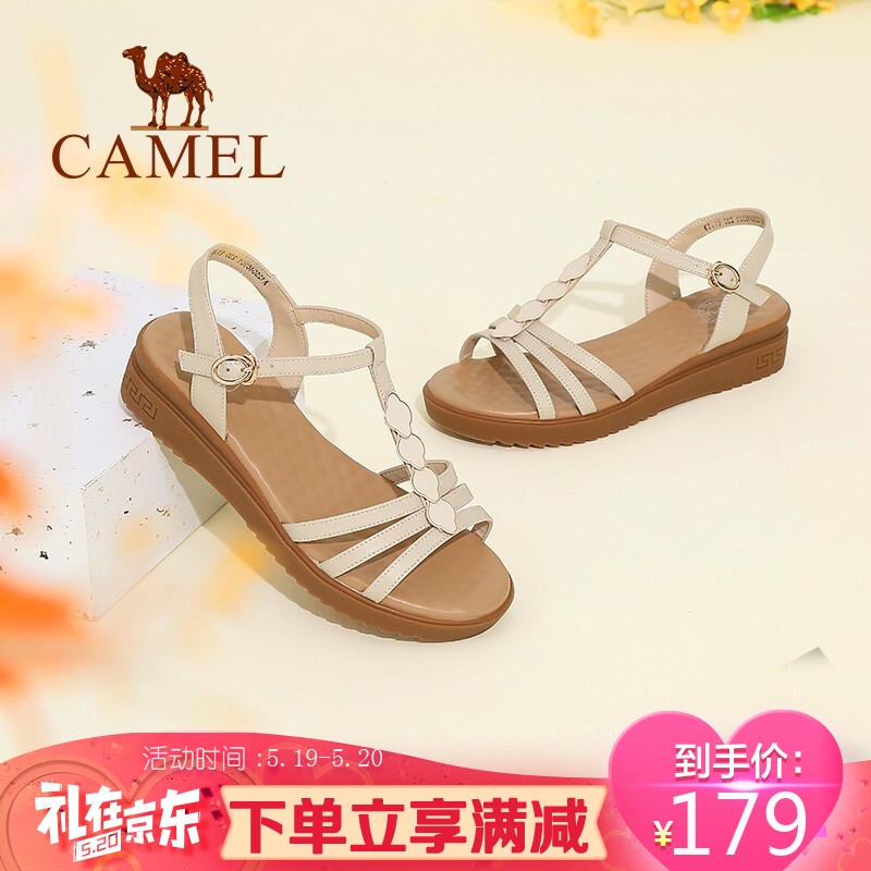 骆驼（CAMEL）女鞋 波西米亚风柔软牛皮细带丁字搭扣坡跟凉鞋 A125046301 米色 37