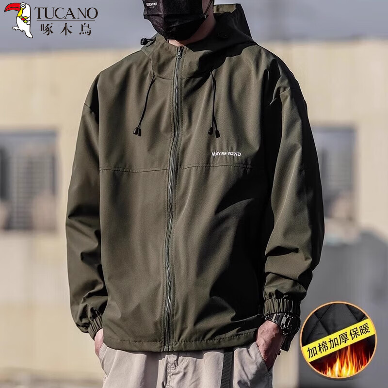 啄木鸟（TUCANO）美式机能工装夹克男秋冬季情侣加绒夹棉潮流防风户外休闲连帽外套 墨绿【加厚棉衣款】 2XL 【建议160-185斤】