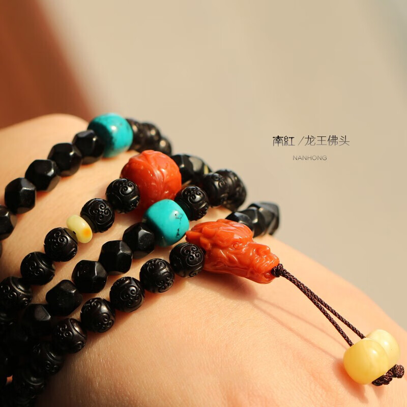 彩荷保山满肉南红龙头一体三通佛头珠苏工小雕件星月菩提手串配饰 【1