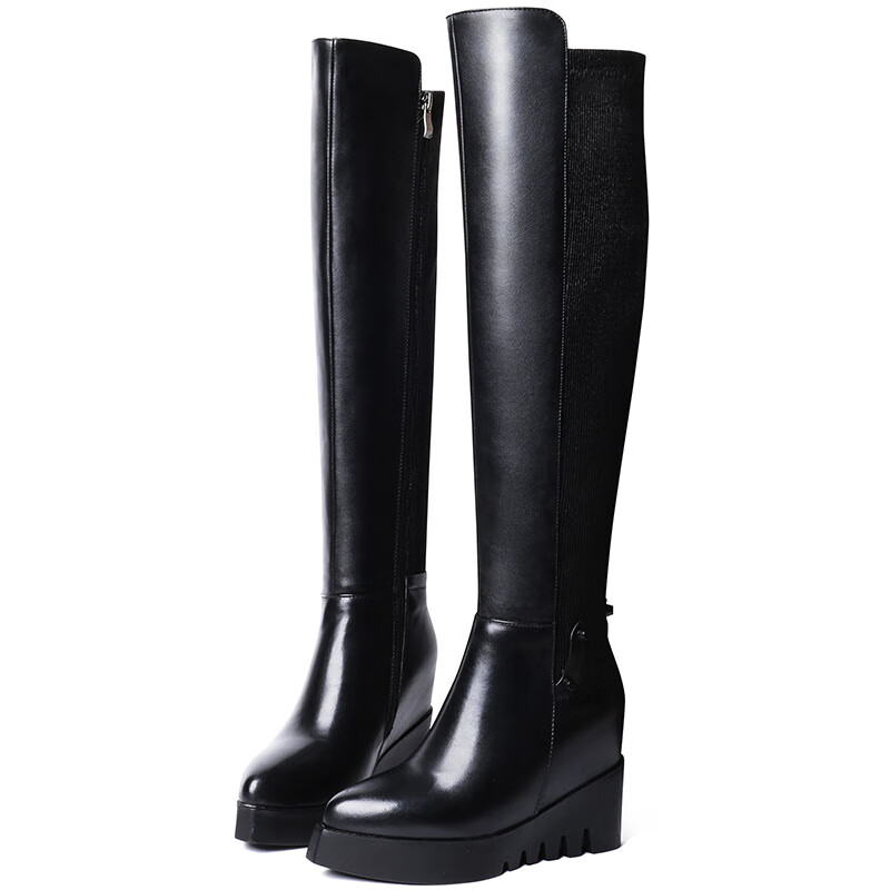 冬季女式内增高过膝真皮长筒靴大腿围厚底弹力高筒靴坡跟拉链过膝