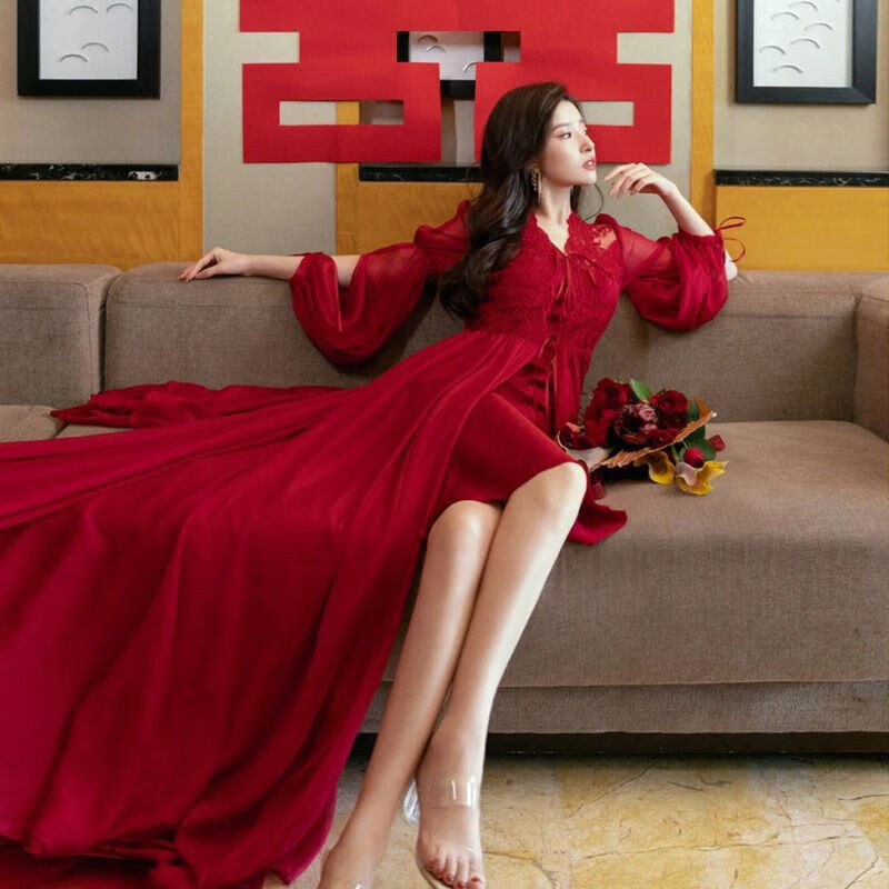 wcz晨袍新娘拍照专用长款晨袍女新娘高级感结婚礼喜庆红色两件套睡袍