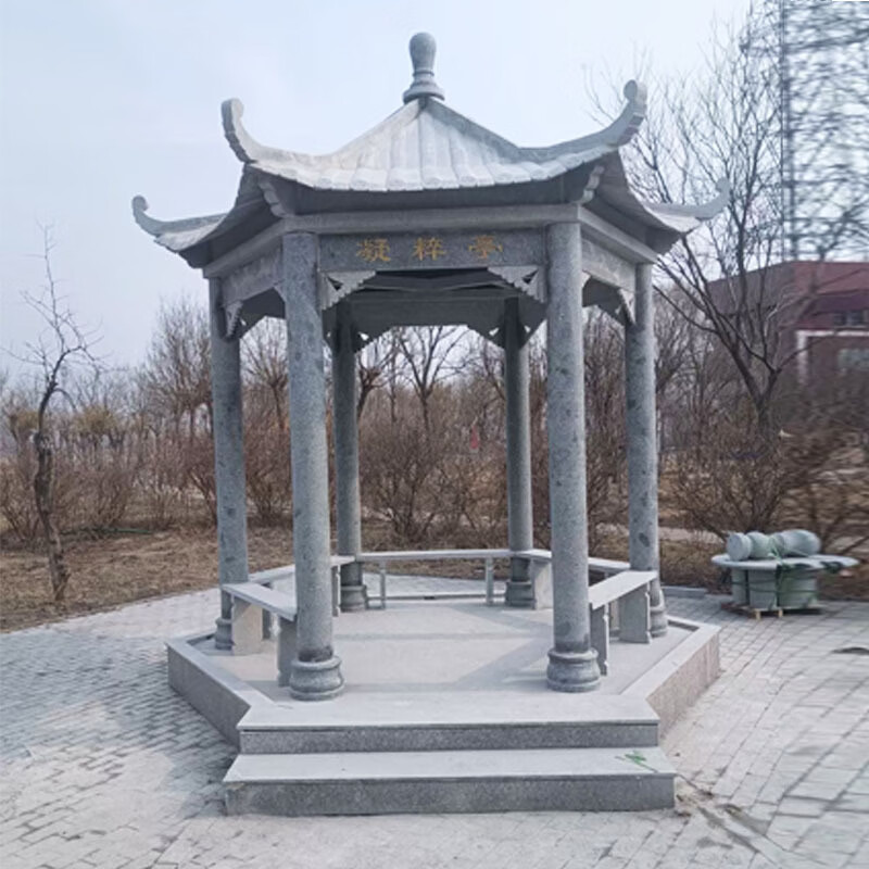 瀛乐 石亭子花岗岩六角凉亭晚霞红大理石亭子庭院公园小区园林景观雕