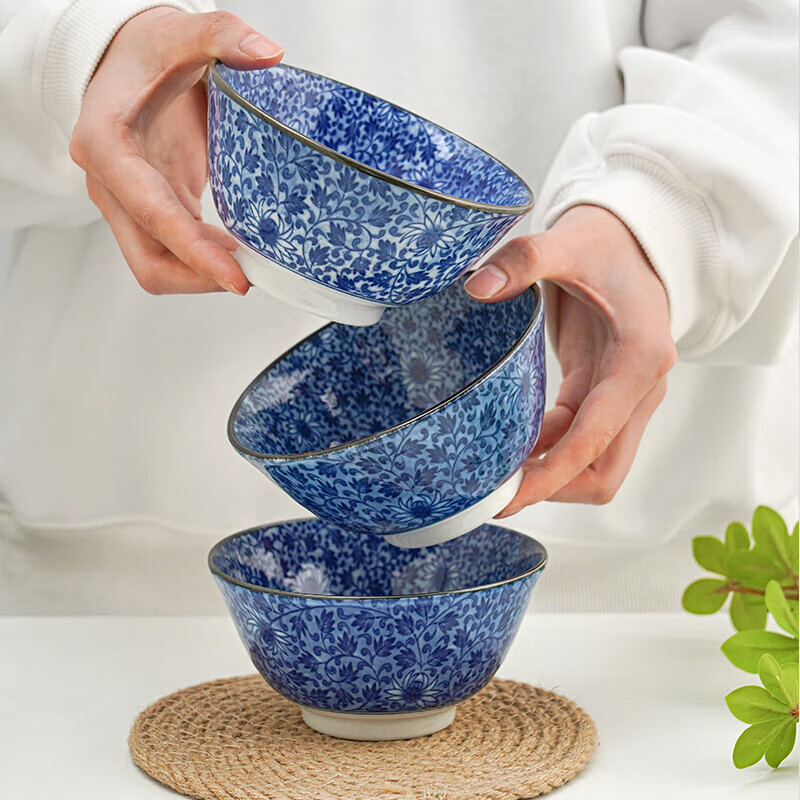 美浓烧（Mino Yaki）日本进口古染唐草饭碗陶瓷家用釉下彩复古日式饭碗套装5件套礼盒