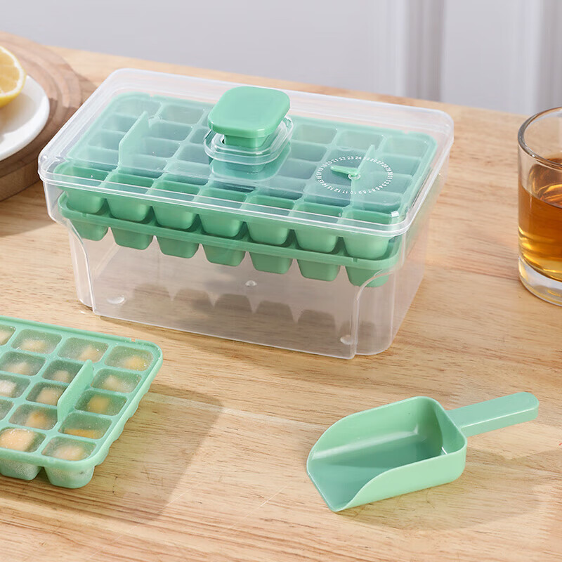 柏蝶莱冰块模具冰箱自制冰格食品级按压式储冰盒制冰模具神器 冰块模具绿色双层1个装