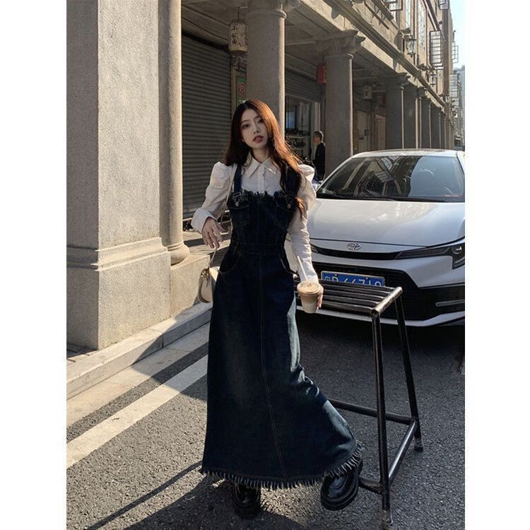 栩心春夏长裙初中生少女穿的背带连衣裙a字裙牛仔背带连衣裙女新款复
