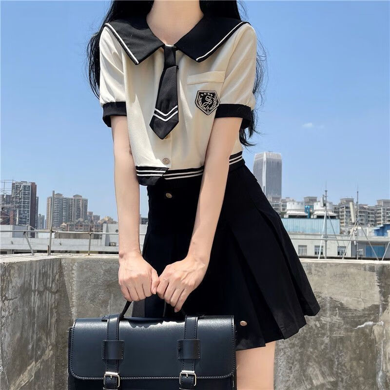 ukcf夏季新款学院风海军领上衣女校供感学生装黑色半身 浅杏色上衣 s