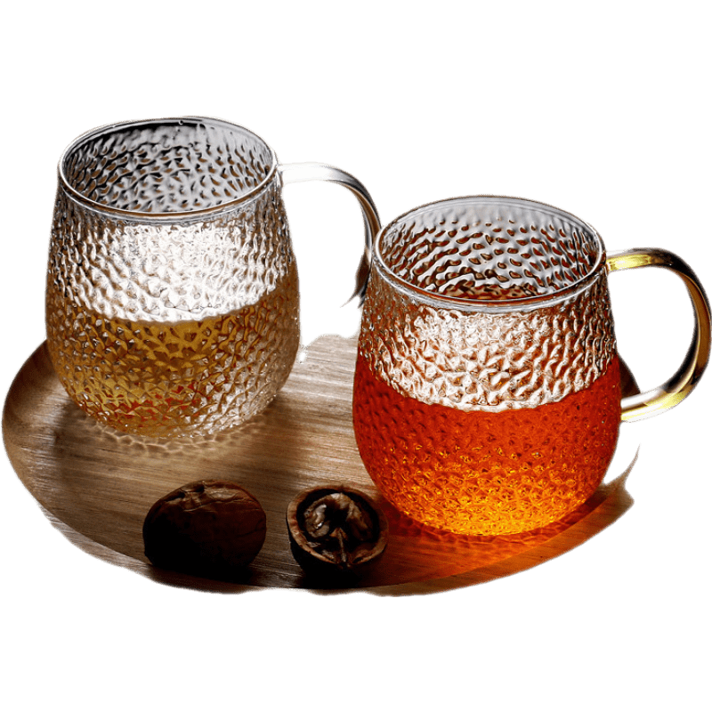 斌诺 玻璃杯 锤纹杯高硼硅玻璃杯带把花茶杯家用果汁牛奶杯耐高温玻璃杯子茶具 黄把+白把(两个装) 401-500ml