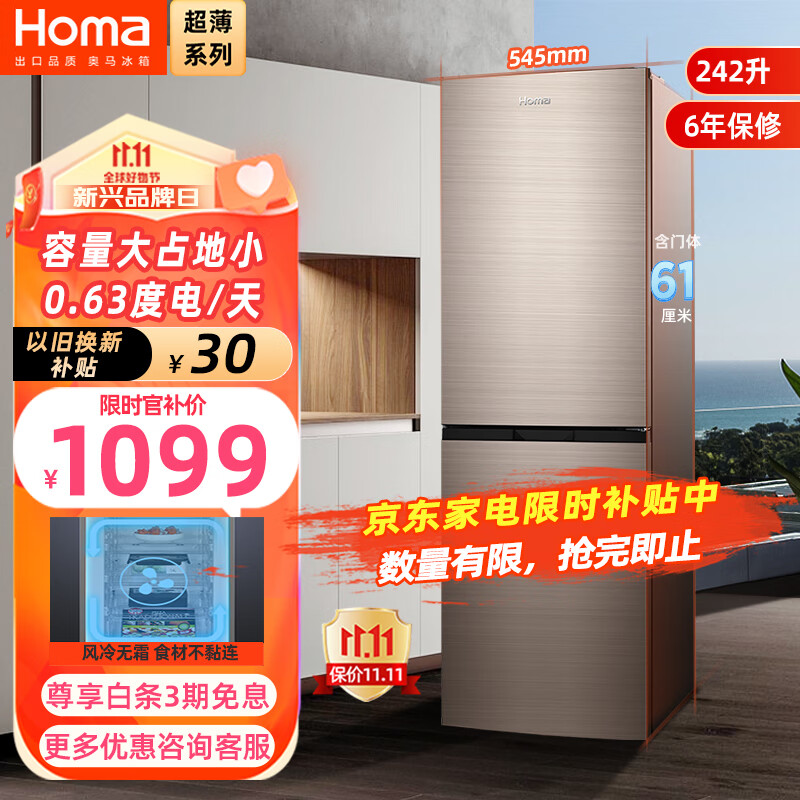 奥马(Homa)242升风冷无霜大容量双开门电冰箱 两门二门节能 小户型家用租房办公 冷冻分储 BCD-242WH怎么看?