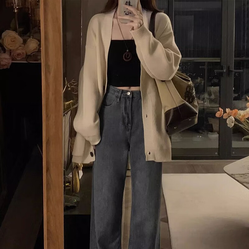 翊尚美中长款针织衫开衫外套女春秋学生长袖上衣新款宽松显瘦慵懒风毛衣 米白色【500g加厚款】 均码 【适合80-140斤】