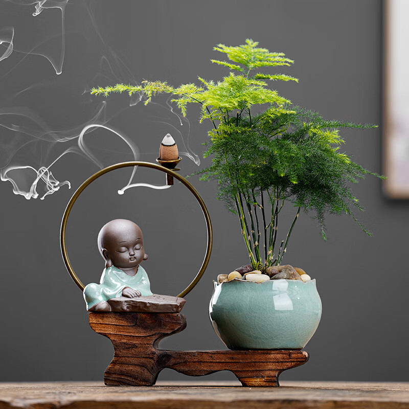 箐喻茶桌上的用品寵倒流香新中式創(chuàng)意禪意小和尚臺(tái)擺件道家居裝飾 源豐禪意木+下棋小僧+綠植+倒流